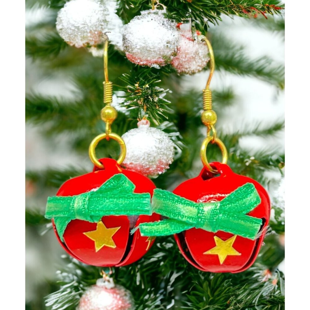 Vintage Jingle Sleigh Bells Earrings Red with Gold Stars Christmas Bells